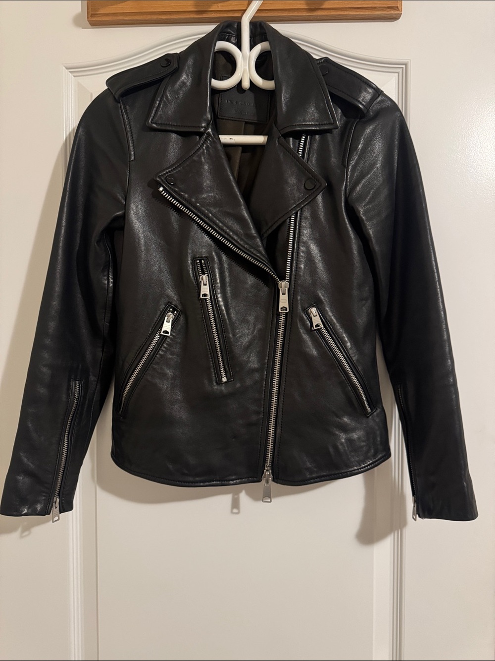 AllSaints Black Leather Asymmetric Moto Jacket